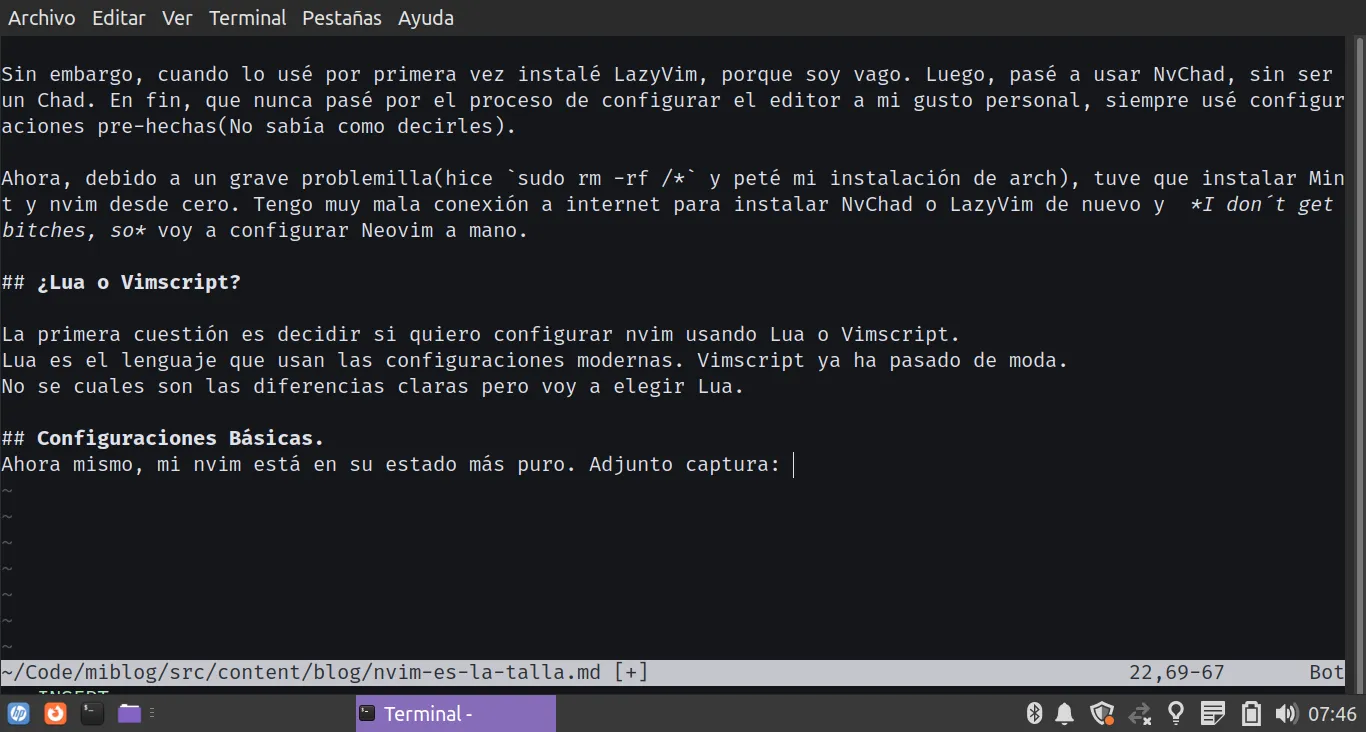 Captura de pantalla de Nvim mientras edito este post